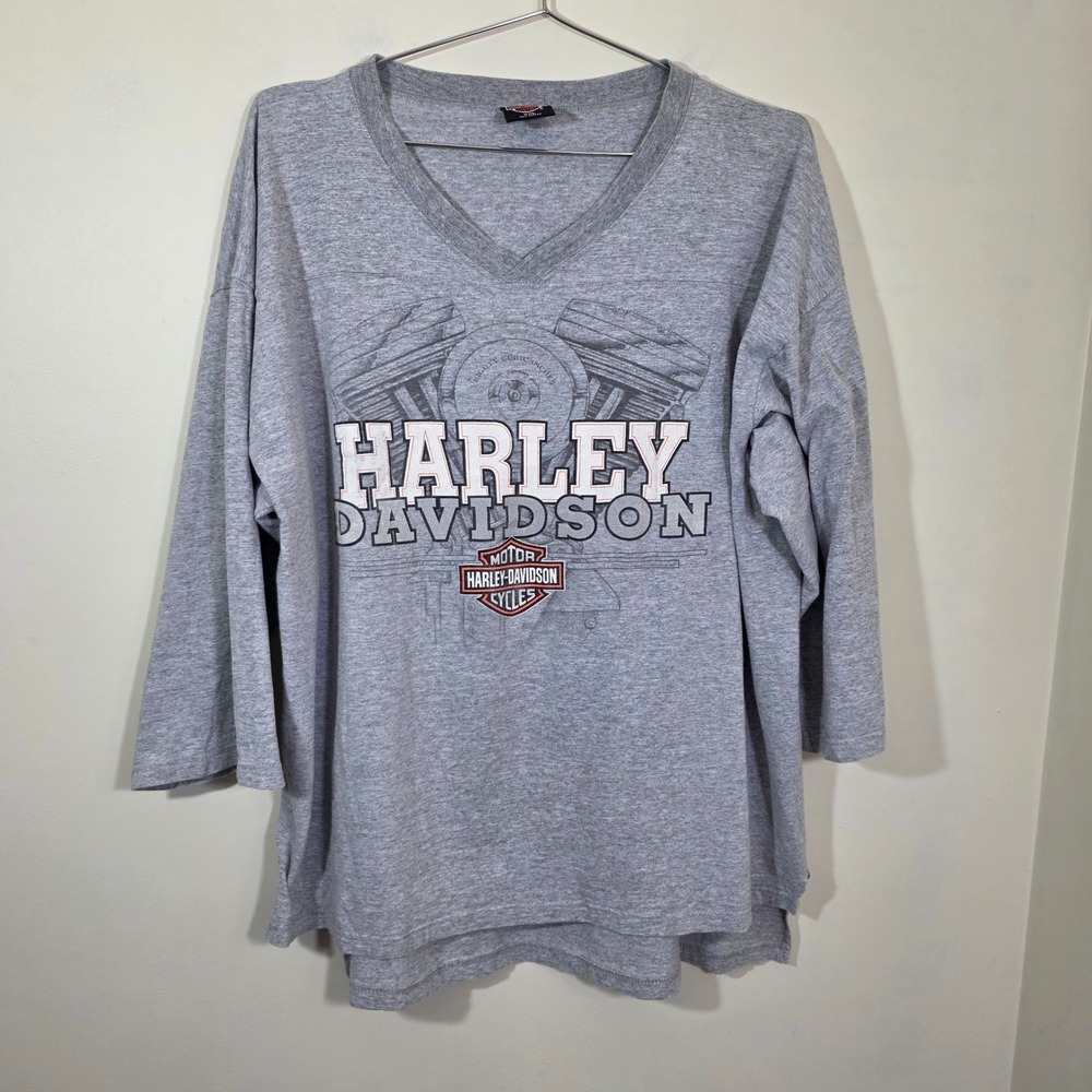 Harley Davidson Women Shirt V-Neck Graphic Grey Tibbys Springfield MA XXL Vtg